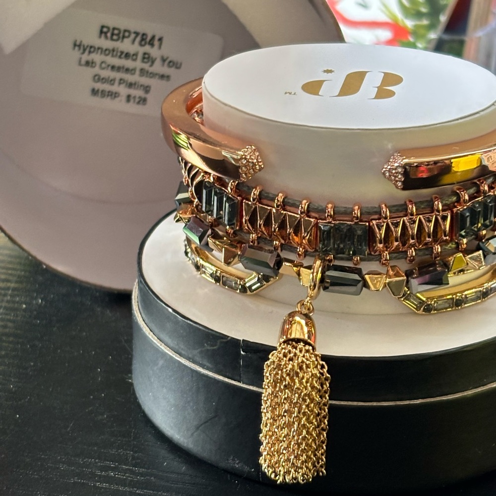 Gold and Black Geometric Bracelet with Tassel